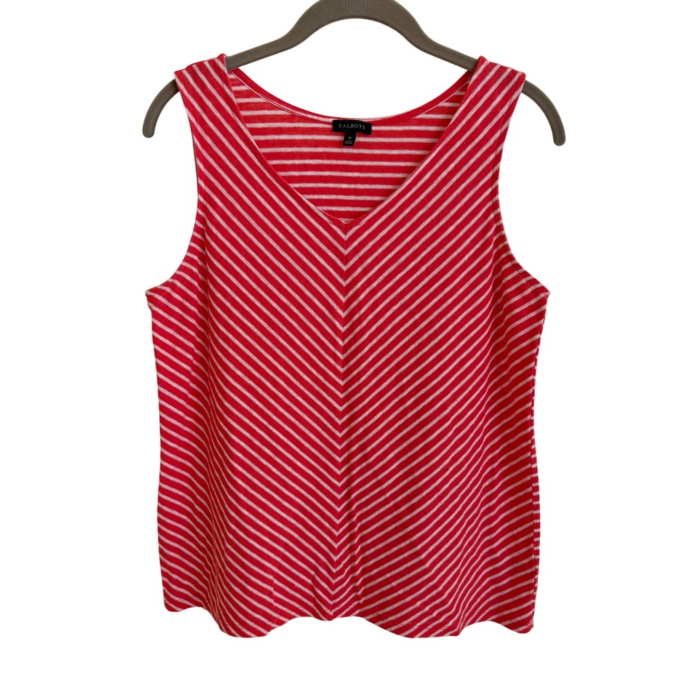 Talbots Red White Striped Linen Blend V-Neck Tank Top Medium‎ VN70 01/18
